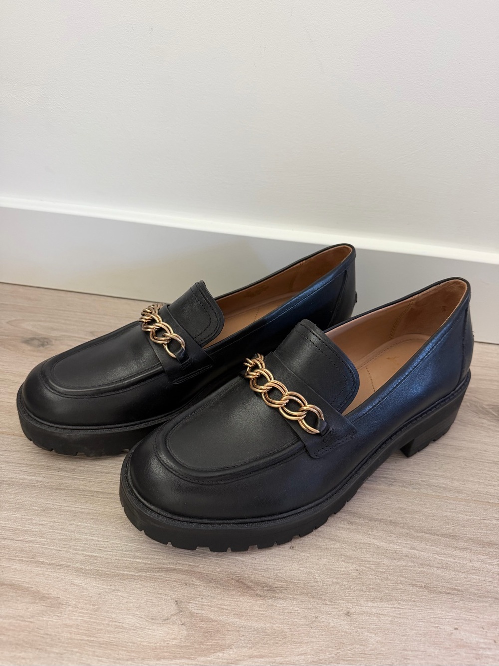 Sam Edelman Black Leather Chain-Trim Loafers
